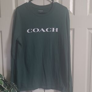 Coach Men's Long Sleeve Tee with White Logo on Forest Green